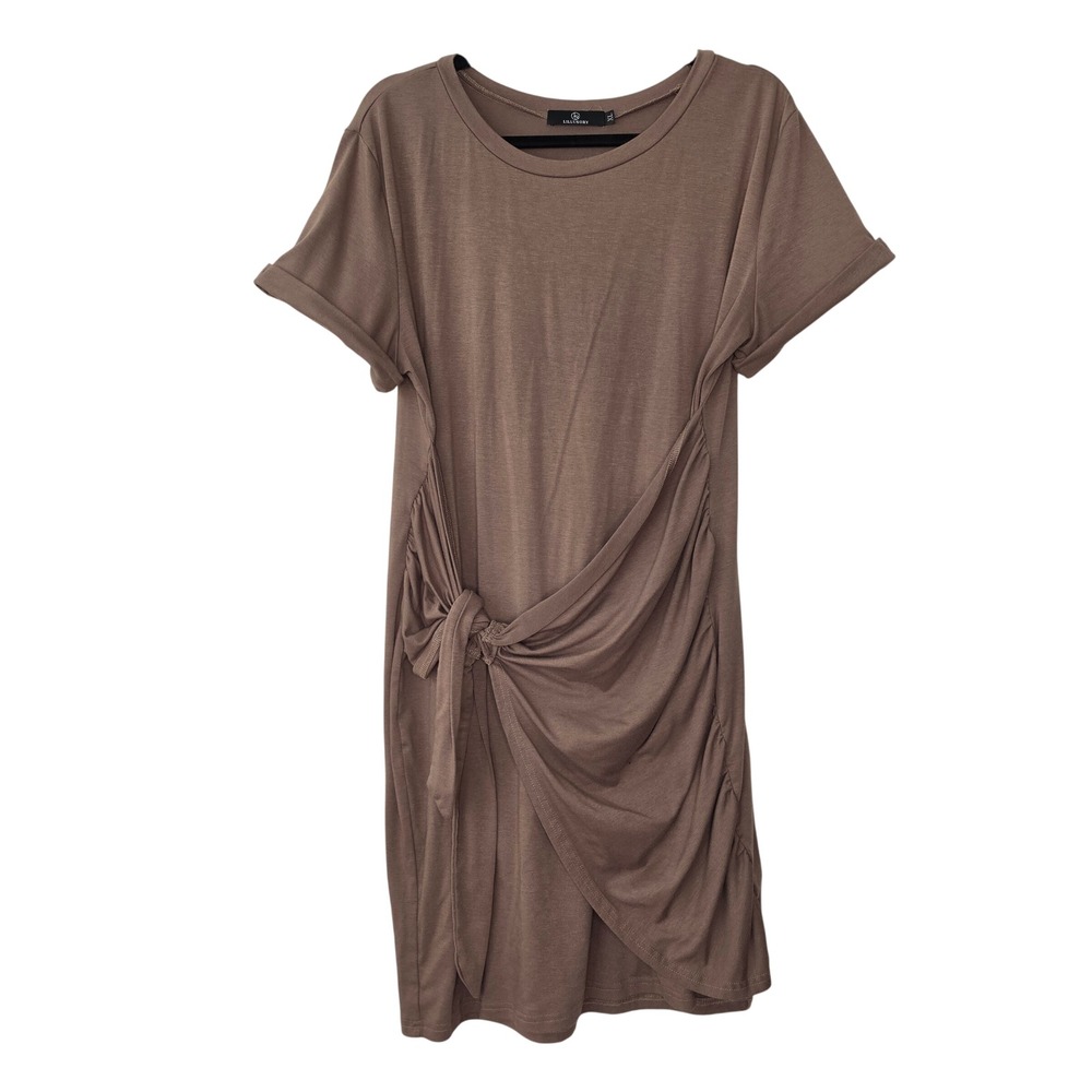 LILLUSORY Dress Womens XL Brown LS003 Wrap Side Tie Ruched Casual Short Sleeve